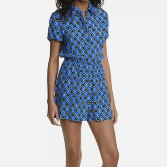 Alice + Olivia Womens Lanna Romper M Blue Yellow Geometric Print Mod Revival - Picture 1 of 10